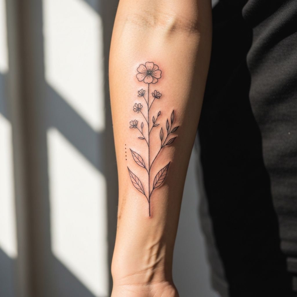 Fine Line Botanik Tattoo auf dem Unterarm