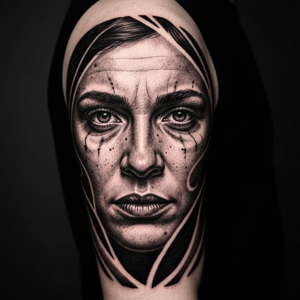 Realistisches Portrait-Tattoo in Schwarz-Grau